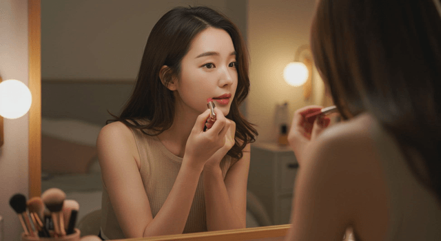 Woman applying makeup in front of a mirror