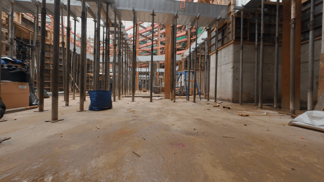 Inside a construction site with scaffolding