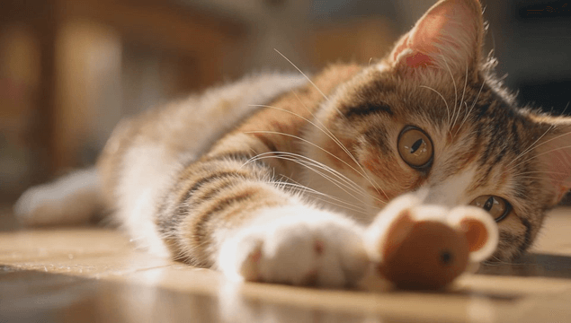 Cat lying down and playing with a toy