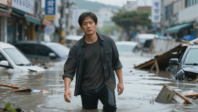 Man walking through flooded street with submerged cars