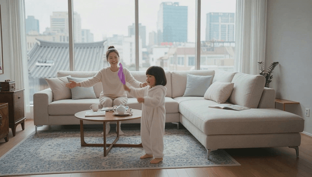 아늑한 거실에서 노는 엄마와 아이