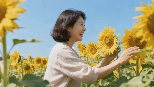 Smiling woman looking at sunflowers in a sunflower field