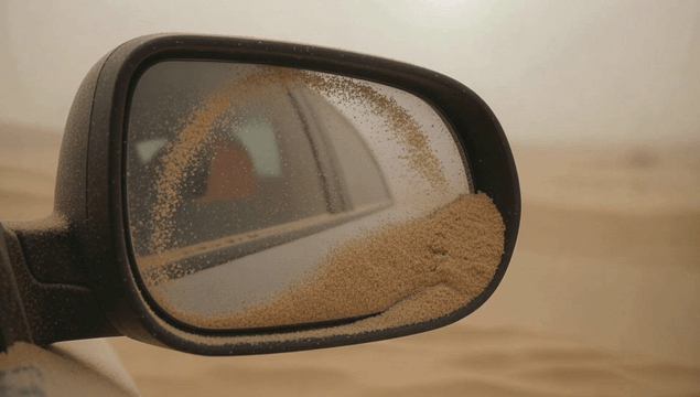 Sand covered car side mirror in desert