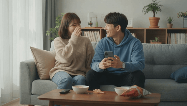 Couple spending time together on a sofa looking at a smartphone