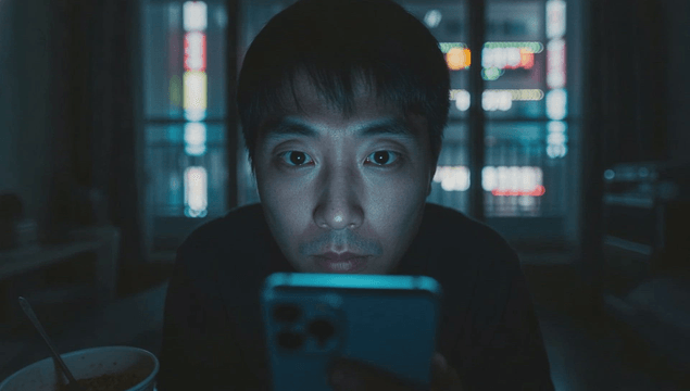 Man using smartphone in a dimly lit room