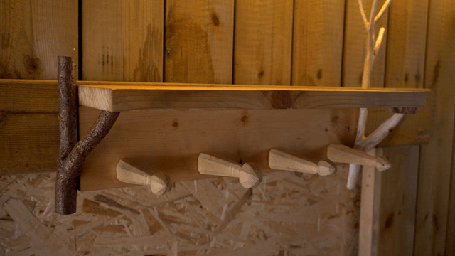 Wooden shelf with natural branch loops