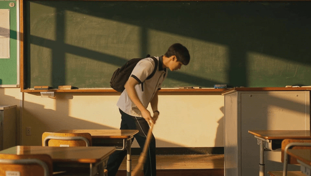 Male student cleaning the classroom with a broom at sunset