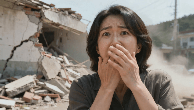 Middle-aged woman shocked near collapsed building