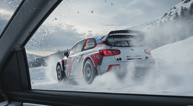 A rally car speeding through snowy terrain