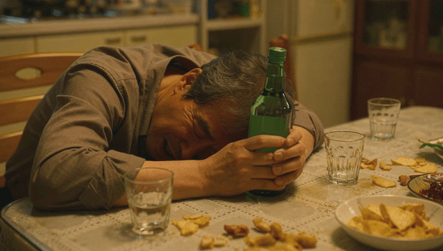 Middle-aged man leaning his head on a soju bottle and sobbing