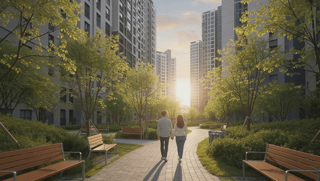 Couple walking in apartment park lined with trees at sunset
