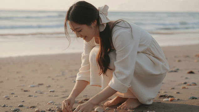 Happy woman collecting shells on a beach