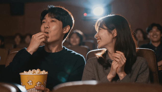 Couple enjoying a movie with popcorn and applause in a cinema