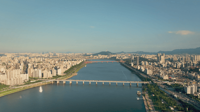 Aerial view of a city with a river