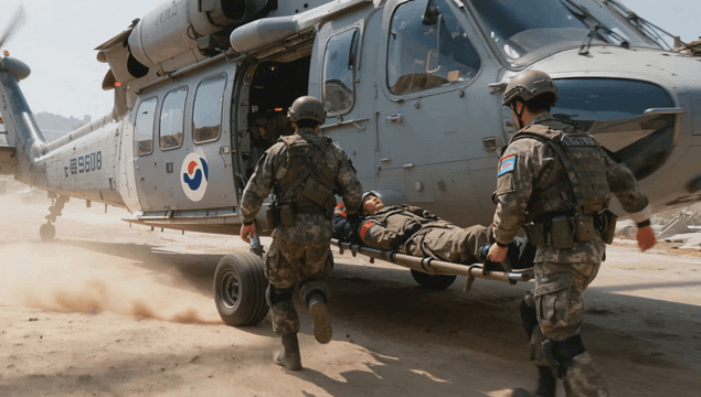 Soldiers carrying an injured person to a helicopter