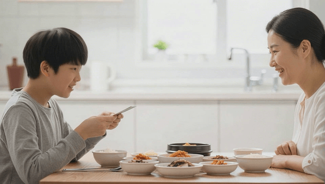 식사 전 식탁에서 아들에게 용돈을 주는 어머니