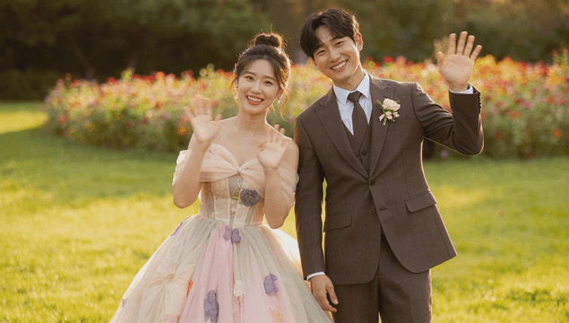 Couple smiling in a flower garden during a wedding photoshoot
