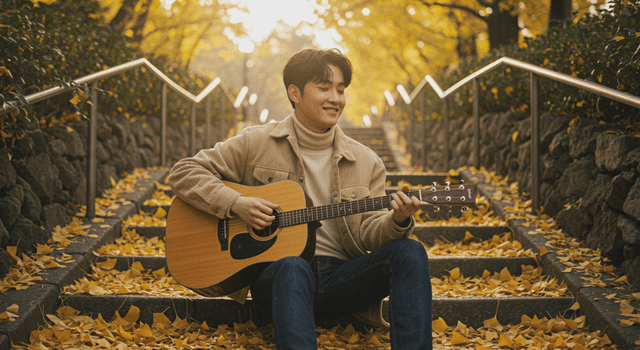 Man playing guitar on outdoor stairs covered with fallen leaves