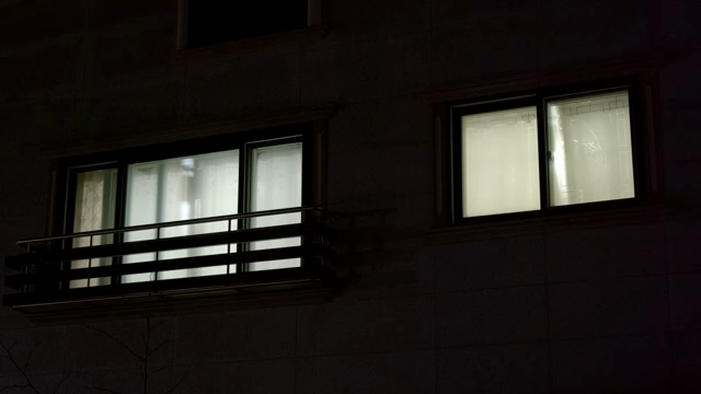 A house with illuminated windows at night