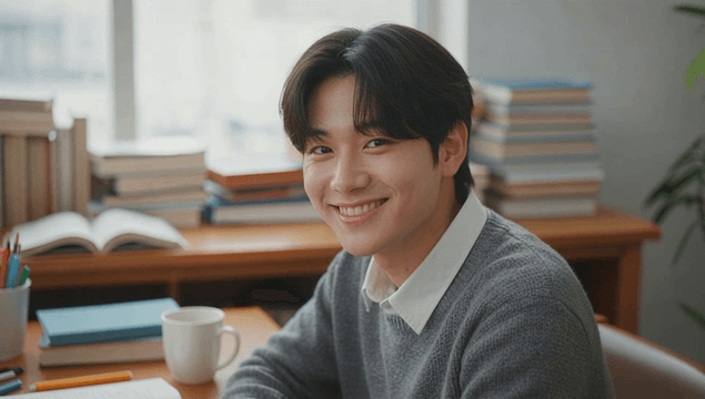 Young man smiling in a cozy library