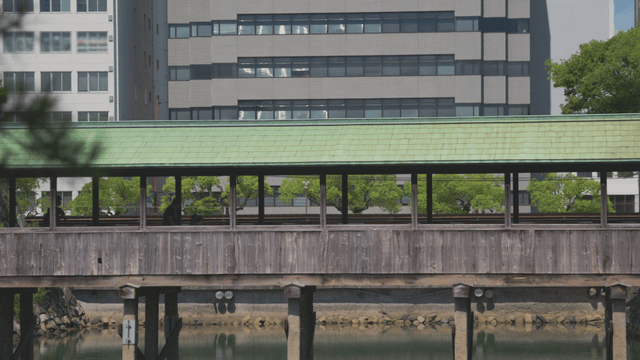 Wooden bridge with a green roof in the city