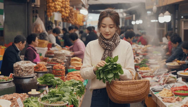 분주한 전통 시장에서 장을 보는 여성