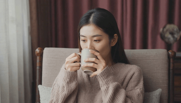 Woman enjoying warm drink on rocking chair