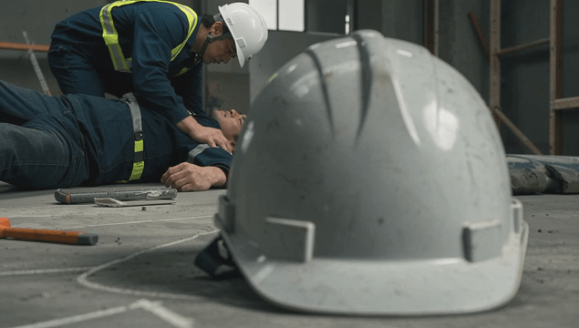 Construction worker collapsed on the site floor