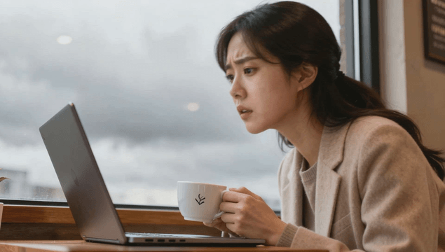 Young woman focusing on a laptop while holding a coffee cup