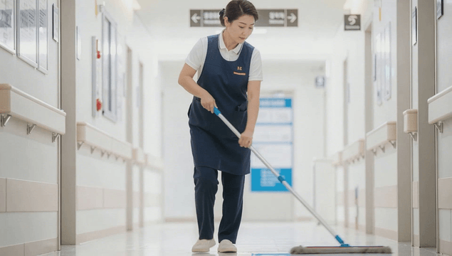 Cleaning woman in apron mopping the outdoor floor