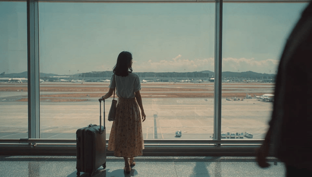 Back view of a woman looking out the window at the airport