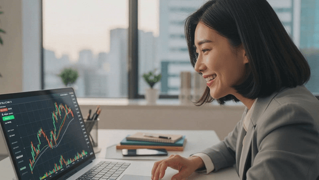Smiling professional reviewing stock chart on laptop