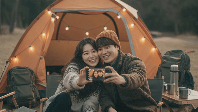 Couple taking a selfie in front of a tent