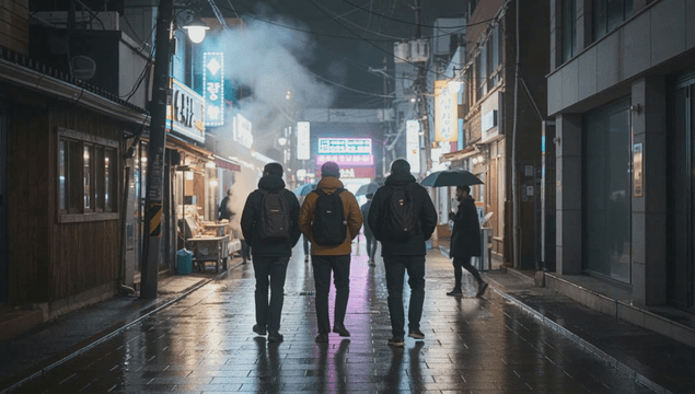 People walking on a rainy street from behind