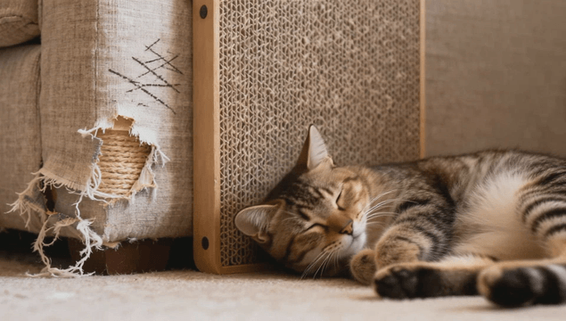 Cat sleeping beside a scratched sofa