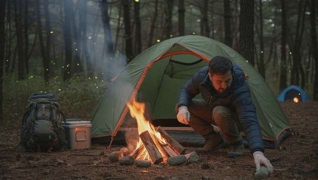 Man making campfire at forest campsite