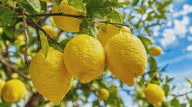 Lemons hanging on a tree under a clear sky