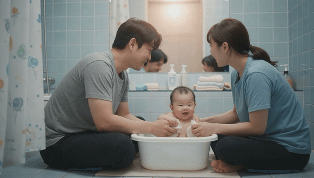 Parents bathing a happy baby