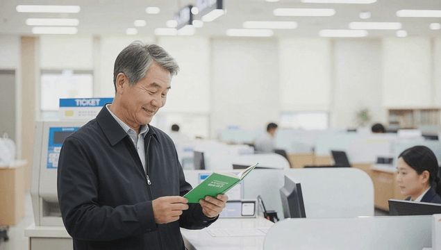 은행 창구에서 서류를 읽는 노인