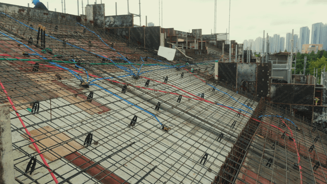 Rooftop rebar ramp at a construction site