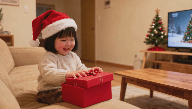 크리스마스 트리와 함께 선물을 여는 아이