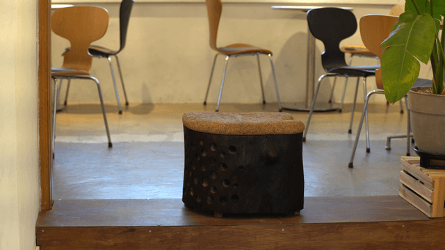 Cozy cafe interior with unique wooden chair and plants