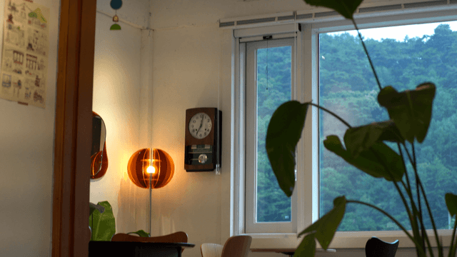Cozy cafe interior with plants and chairs