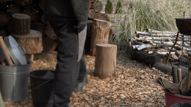 Outdoor wood chopping area with tools