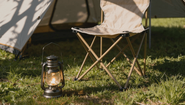 Camping chair and lantern on grass