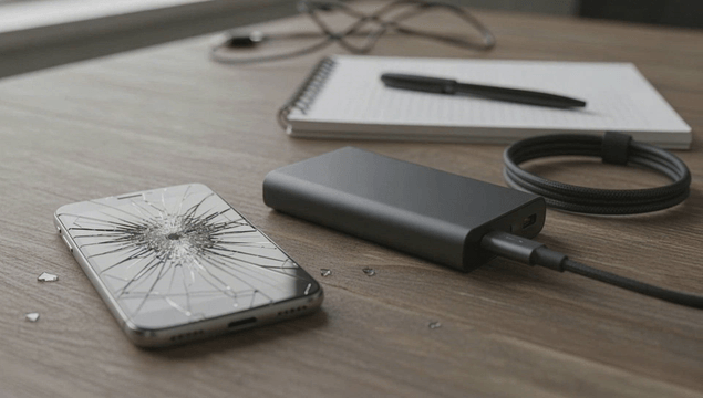 Cracked smartphone on a wooden desk
