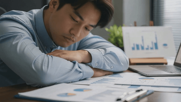 Office male worker asleep at a desk with charts