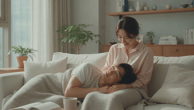 Couple resting with knee pillow on cozy home sofa