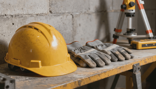 Yellow hard hat and gloves on a workbench
