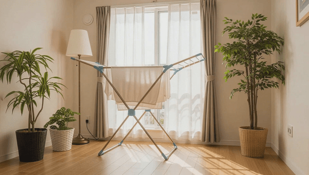 Drying rack with towels in a sunlit living room